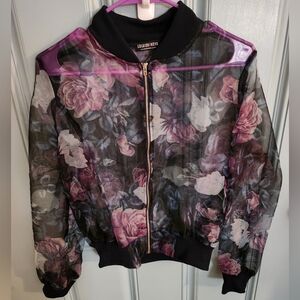 Fashion Nova Sheer Floral Bomber Jacket - Navy Blue and Purple